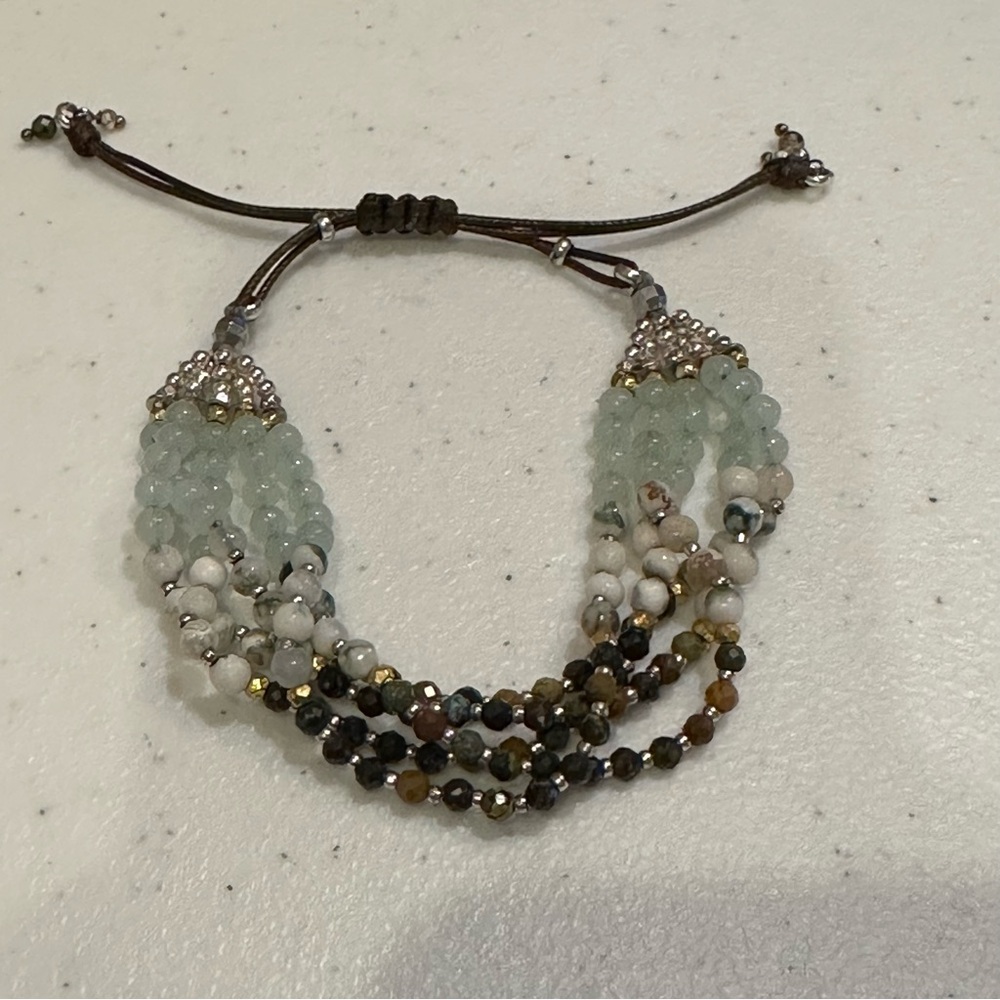 Boho Bracelet multi-stone 5 strand w/ sliding adjustable closure -Genuine stones